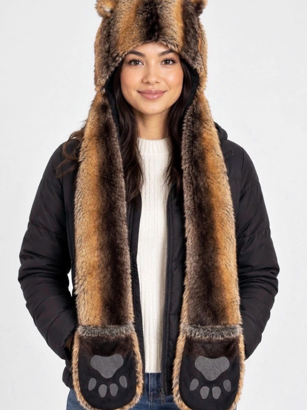 Faux Fur Animal Hat w/ Ear Flaps & Paw Mittens Acrylic Brown/Black One Size
